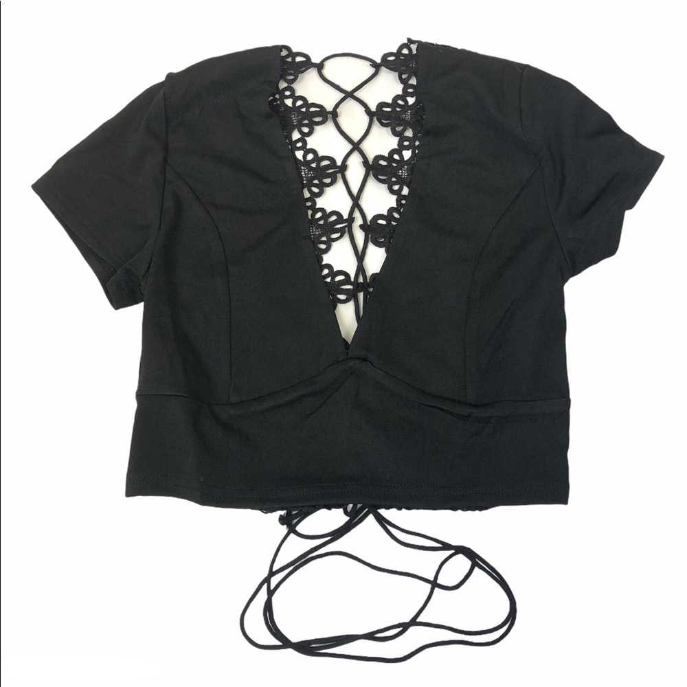 NWOT Black short sleeve crop top- lace up back - Picture 3 of 3